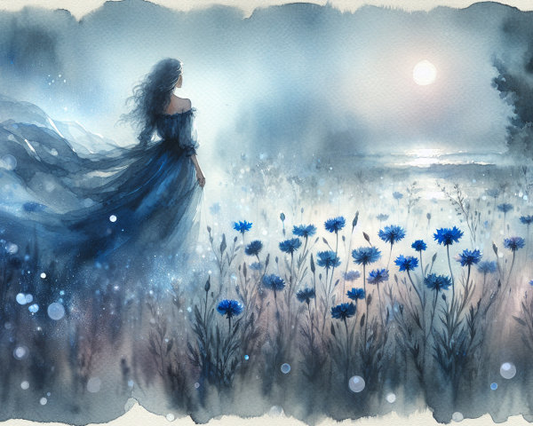 Watercolor Scene of Woman by Tranquil Sea at Night