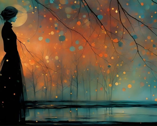 Silhouette of a Woman by Serene Water at Twilight