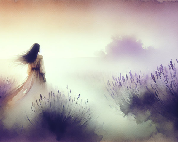 Watercolor Scene of Figure in Lavender Field