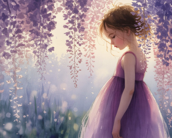 Young girl under blooming wisteria flowers in sunlight
