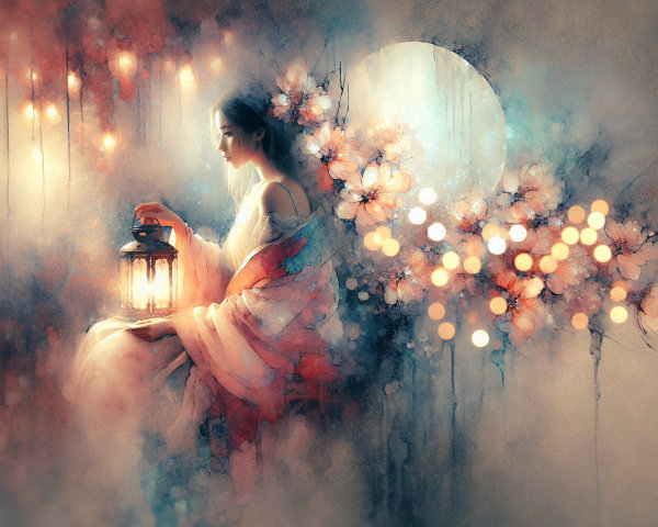Serene woman with lantern in ethereal light and blossoms