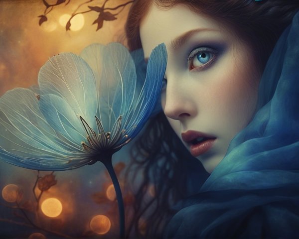 Portrait of a Young Woman with Blue Eyes and Flower