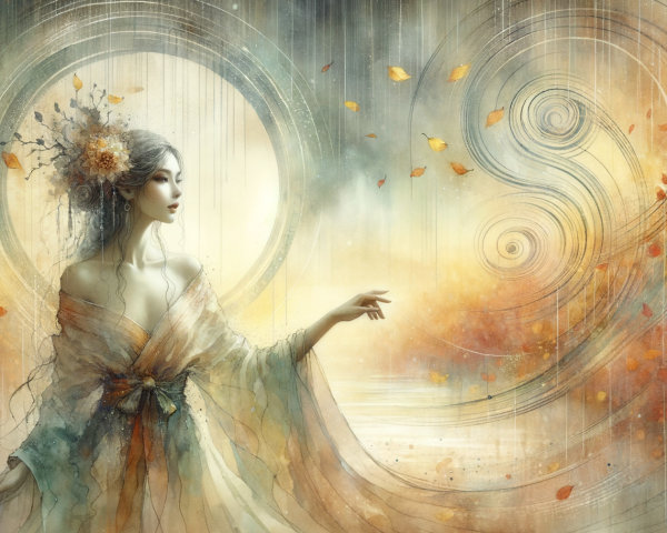 Elegant figure in flowing gown amidst dreamy landscape