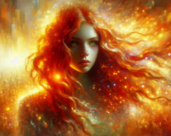 Portrait of a Woman with Red Hair and Ethereal Background