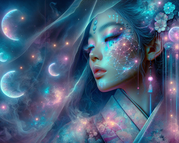 Ethereal figure in kimono with cosmic backdrop