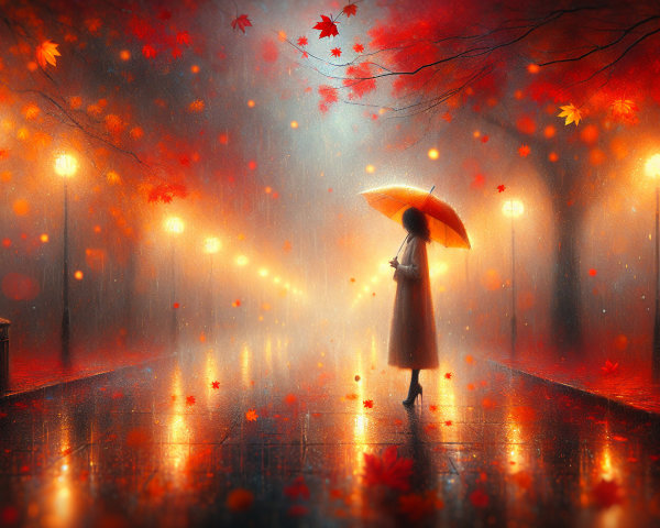 Autumn Scene with Figure Under Yellow Umbrella
