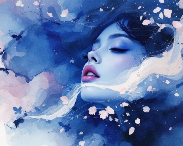 Watercolor Artwork of Serene Woman's Face and Nature