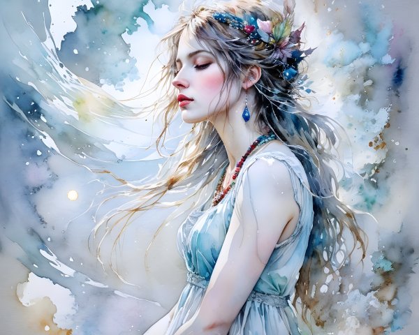 Watercolor Portrait of a Serene Woman with Flowers