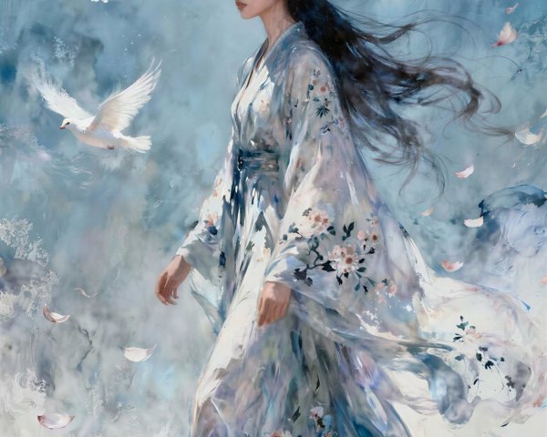 Full body portrait of a woman in traditional kimono