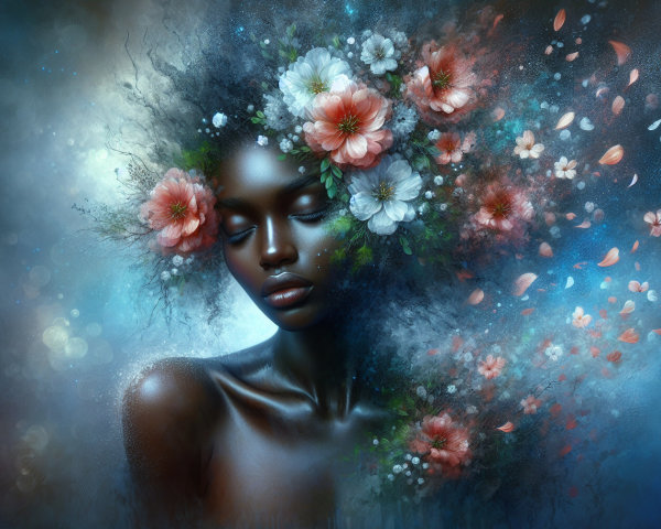 Portrait of a Woman with Floral Hair and Dreamy Background