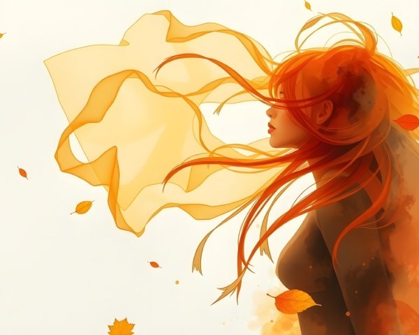 Woman with flowing red-orange hair in autumn leaves