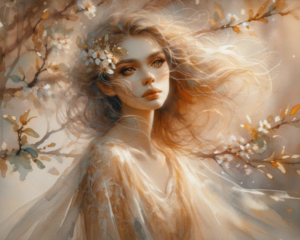 Ethereal Woman with Flowers in Dreamy Watercolor Scene