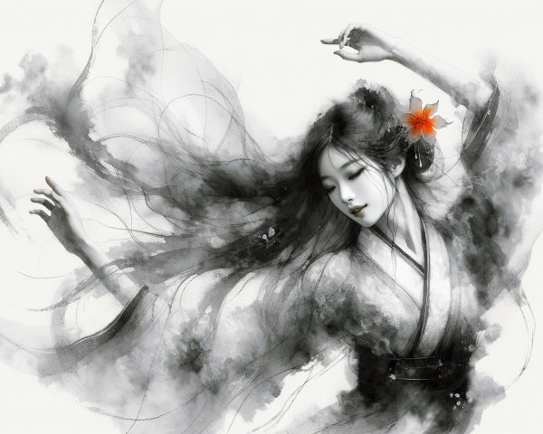 Traditional Dance Amidst Ink Patterns and Dreamlike Atmosphere