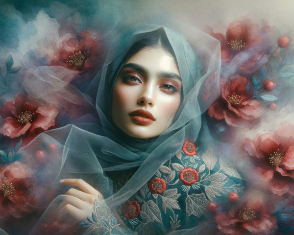 Elegant Woman in Hijab Against Floral Background