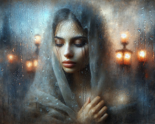 Contemplative Woman in Sheer Veil with Lanterns
