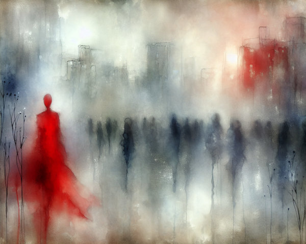 Abstract Cityscape with Mist and Solitary Figure