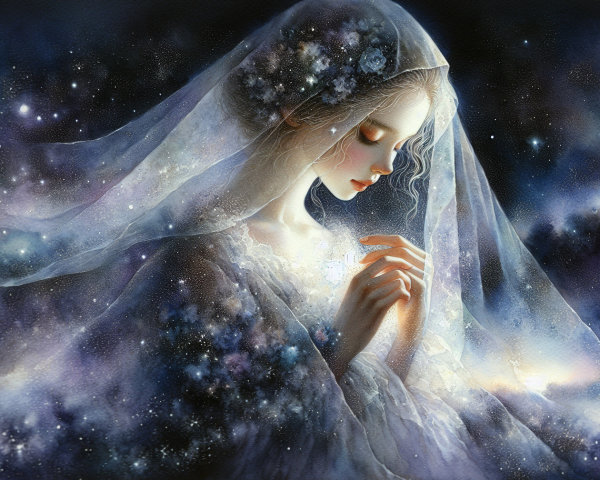 Serene figure in translucent veil with cosmic patterns
