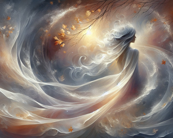 Mystical Figure in Ethereal Dance with Autumn Leaves