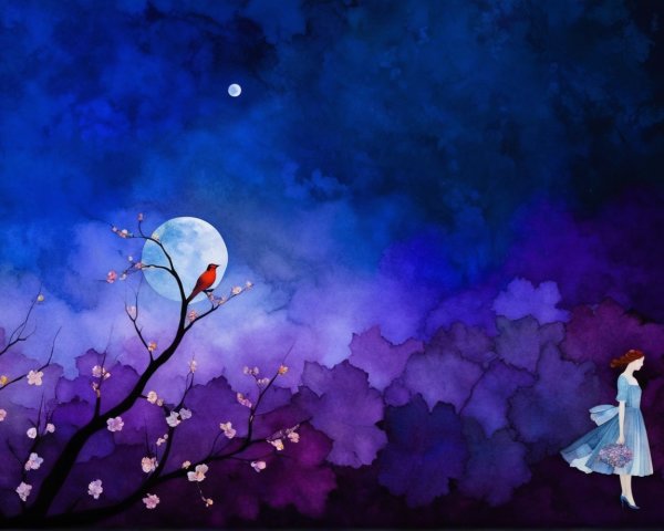 Twilight Landscape with Figure, Moon, and Bird