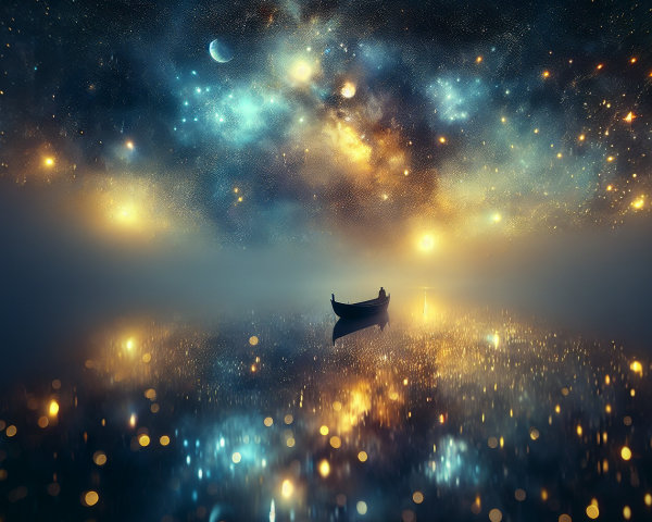Solitary Boat on Misty Water Under Cosmic Sky
