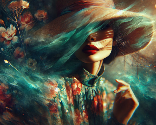 Mysterious Figure in Colorful Swirls and Floral Dress