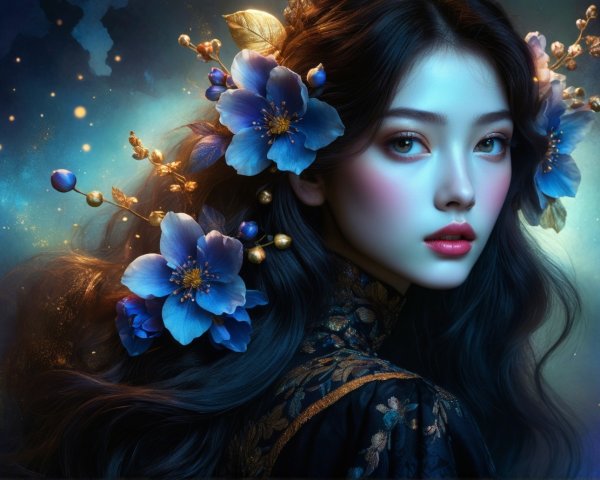 Portrait of a Young Woman with Dark Hair and Flowers