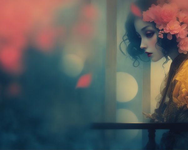 Serene figure with flowers in dreamy, colorful backdrop
