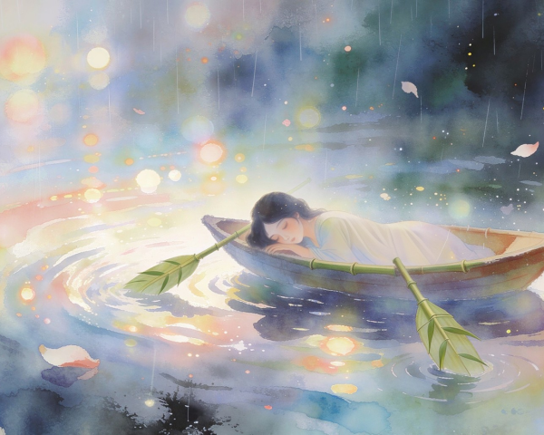 Anime-style watercolor painting of a boat at dusk