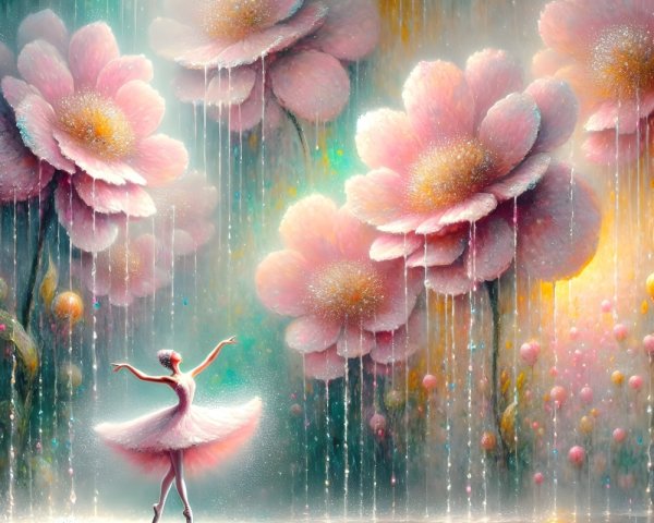 Ballerina Dances Under Waterfall of Vibrant Flowers