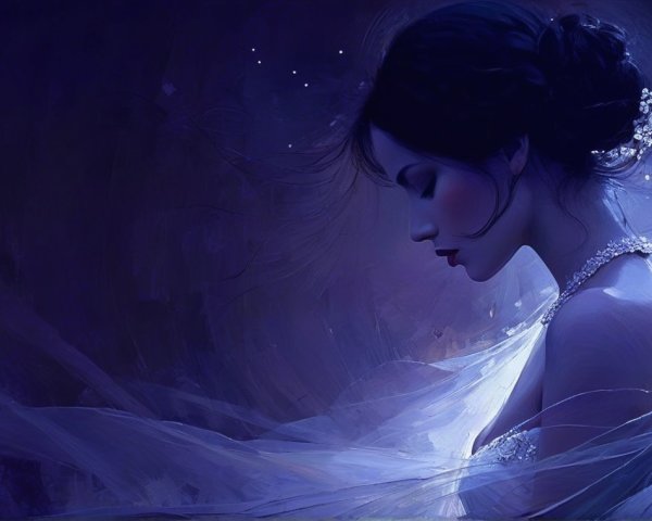 Profile of a woman in a flowing gown with purple backdrop