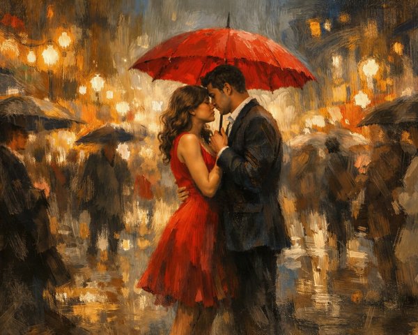 Couple Kissing Under Red Umbrella in Rainy Scene