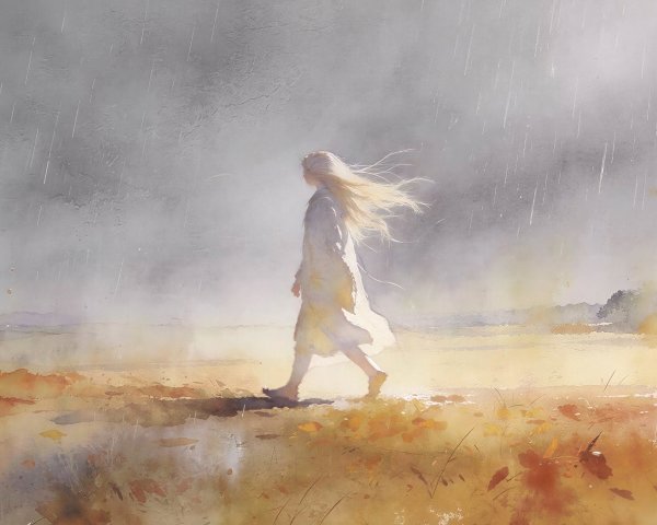 Watercolor of Woman Walking in Stormy Field