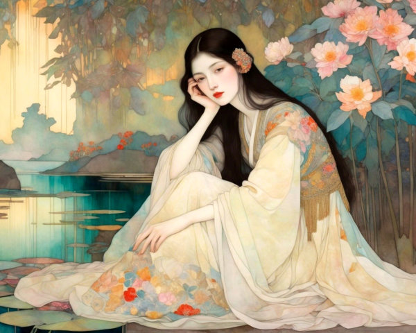 Serene Scene of a Woman in a Kimono by a Pond