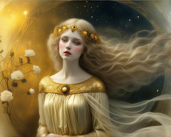 Ethereal Woman in Golden Gown with Celestial Background