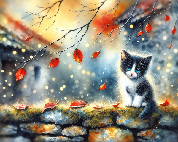 Black and white kitten on mossy wall with autumn leaves