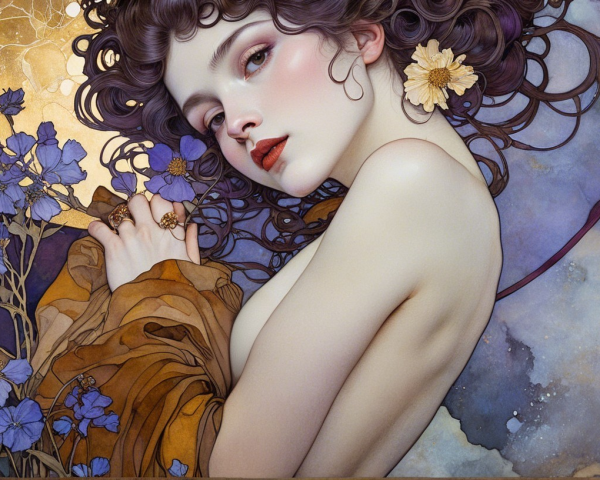 Digital Artwork of Woman Among Purple Flowers and Gold