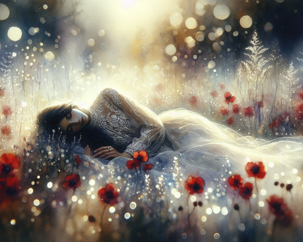 Woman in ethereal gown among vibrant red poppies