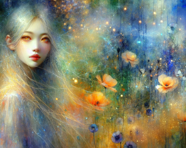 Dreamlike Portrait of a Young Woman with Flowers
