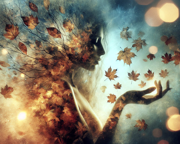 Surreal Silhouette of Woman with Autumn Leaves