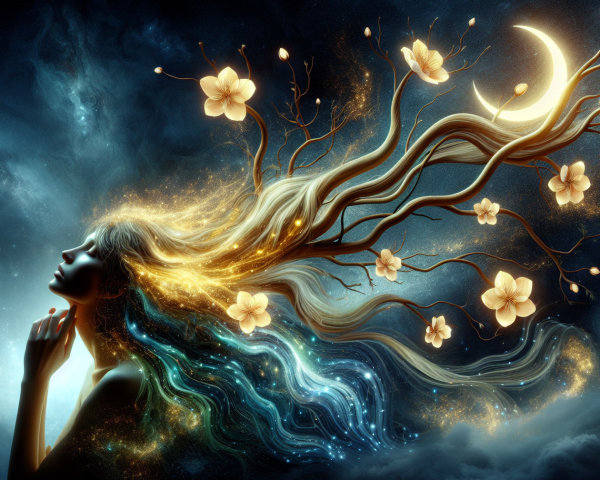 Mystical Figure with Glowing Hair and Cosmic Backdrop