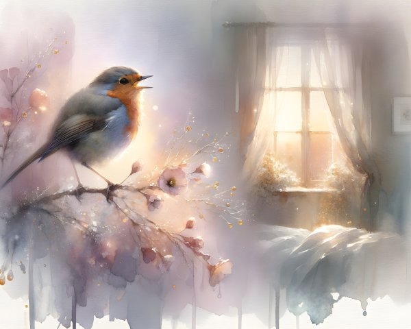 Watercolor of a bird on a branch in a sunlit room