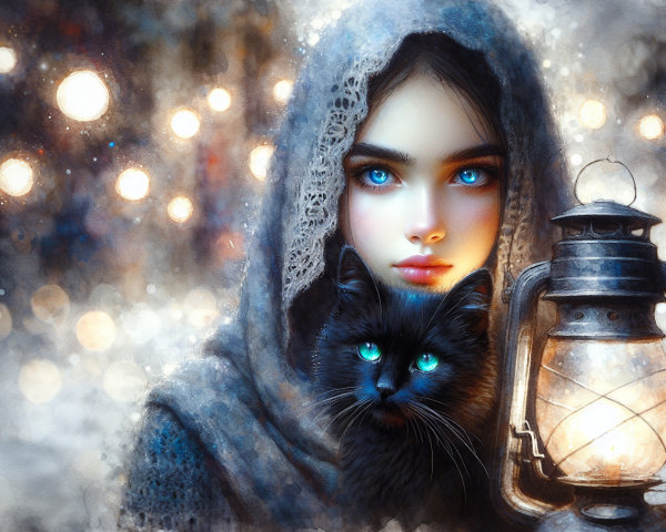 Young woman in cloak with lantern and black cat