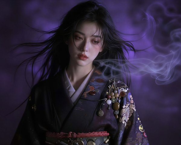 Sad Asian Woman in Ornate Kimono with Smoke Background