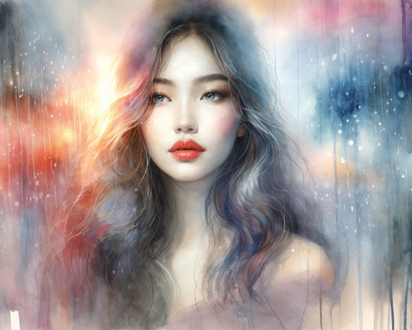 Watercolor Portrait of a Young Woman with Wavy Hair