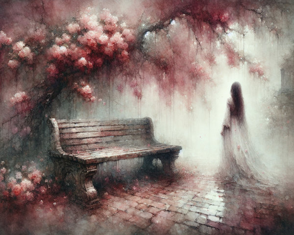 Misty Garden with Wooden Bench and Ethereal Figure