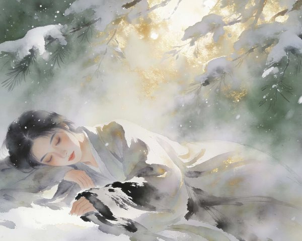 Watercolor Painting of Woman in Snowy Landscape