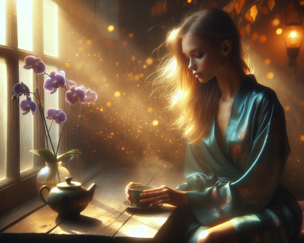 Young Woman in Serene Room with Tea and Orchids