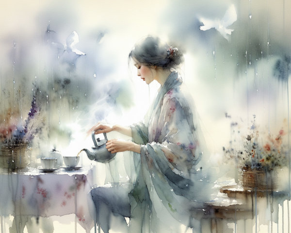 Watercolor Scene of Woman Pouring Tea at Table
