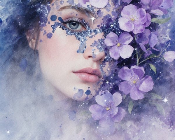 Watercolor Illustration of Woman with Purple Flowers