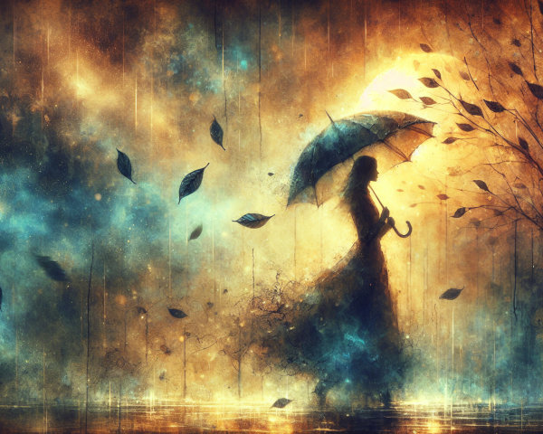 Serene silhouette of a woman with umbrella at night